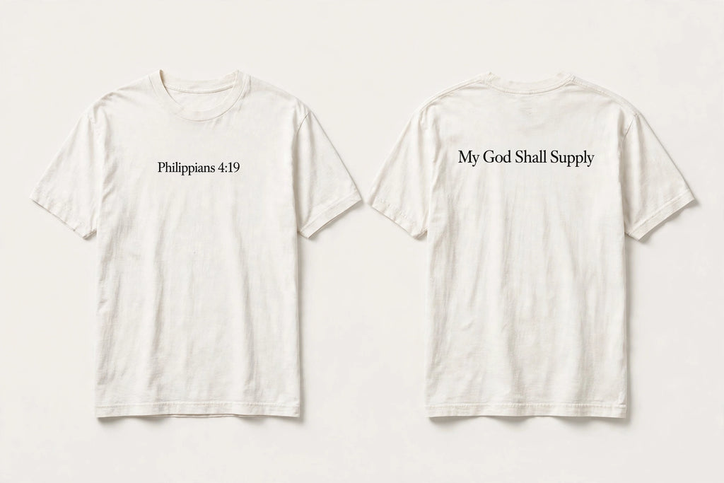 Philippians 4:19 white tee mockup
