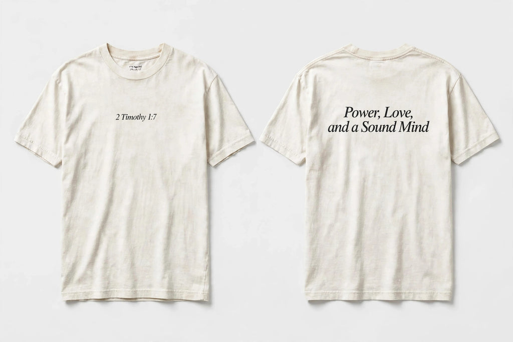 2 Timothy 1:7 white tee mockup