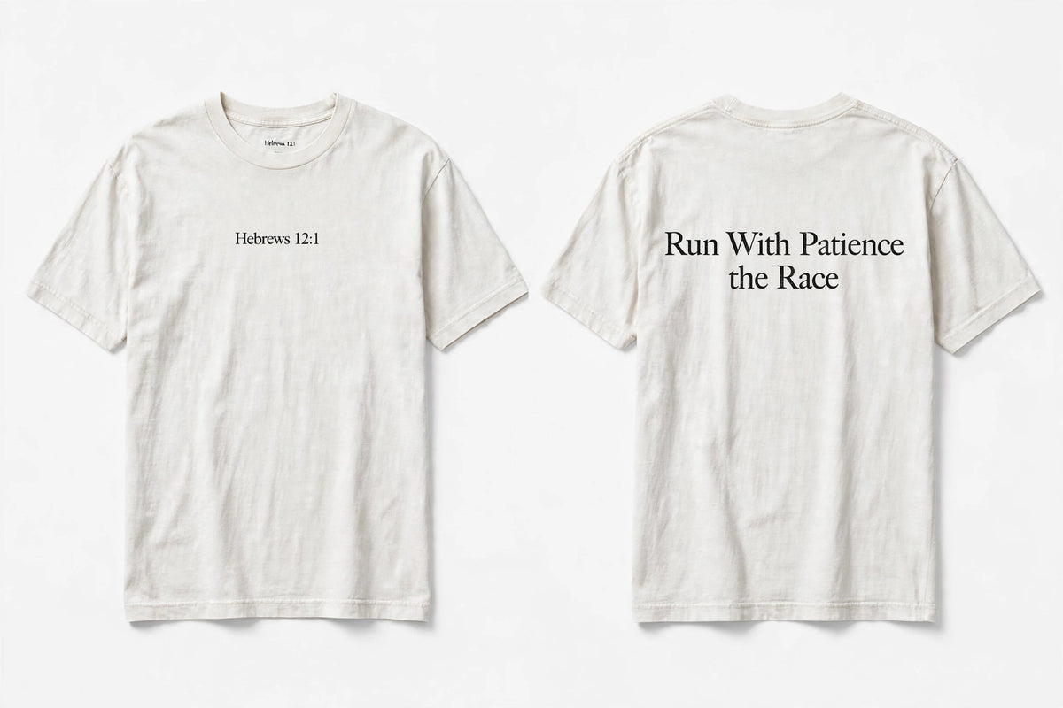 Hebrews 12:1 white tee mockup
