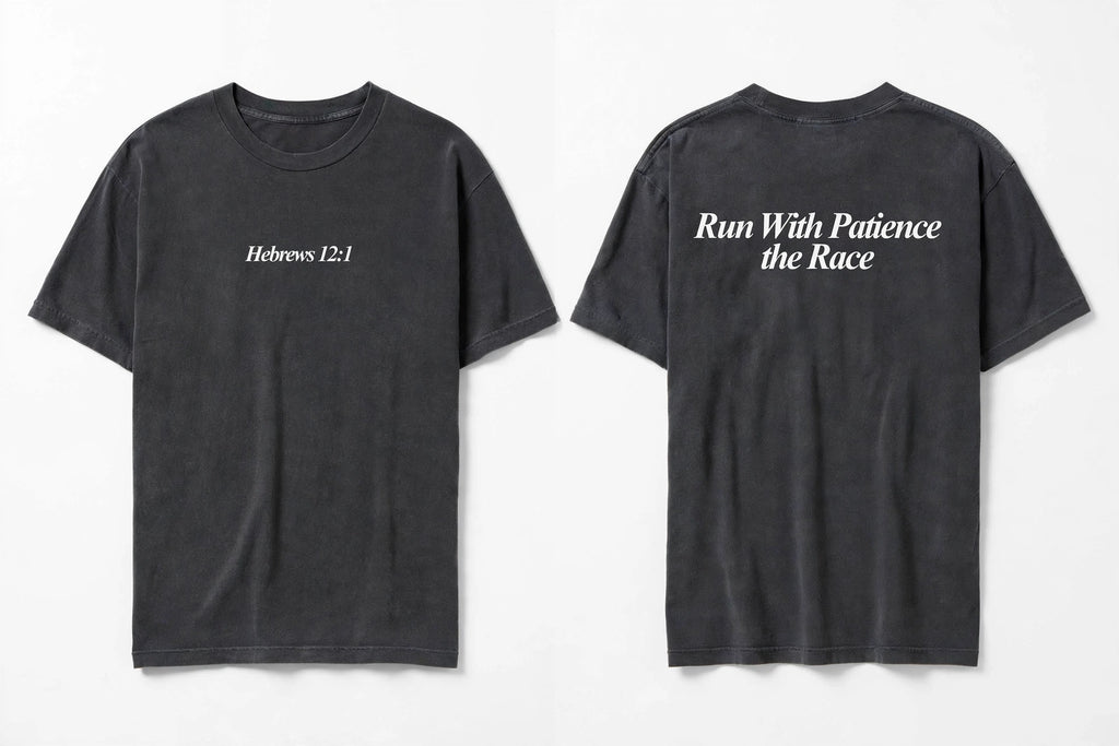 Hebrews 12:1 black tee mockup
