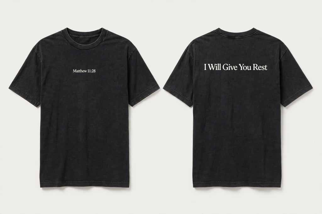 Matthew 11:28 black tee mockup