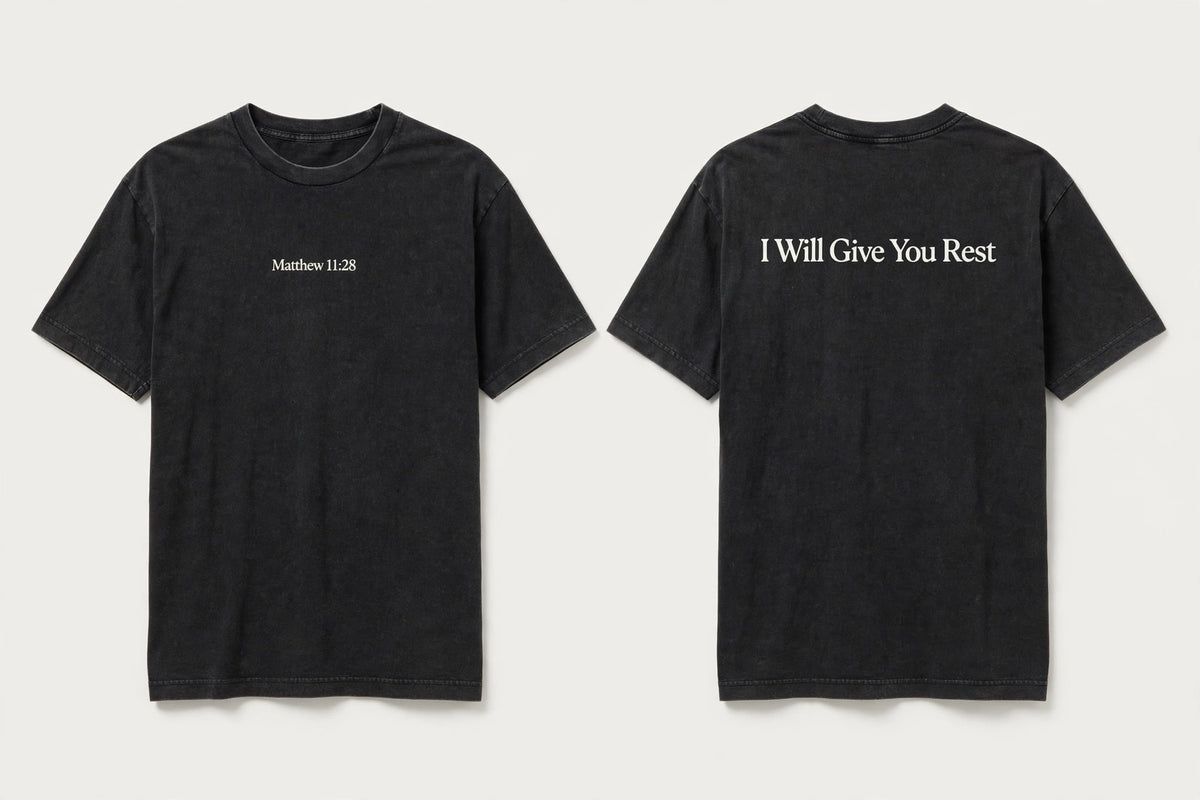 Matthew 11:28 black tee mockup