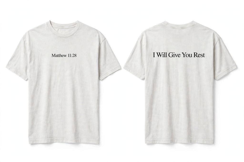 Matthew 11:28 white tee mockup