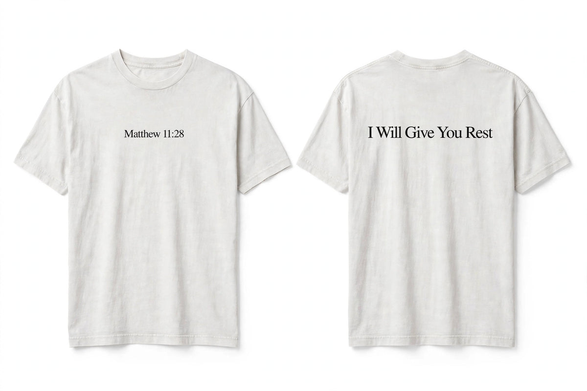 Matthew 11:28 white tee mockup